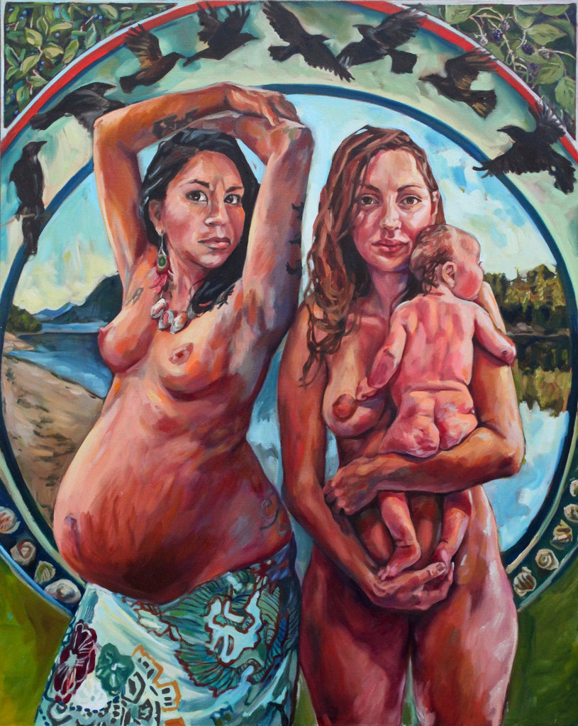 Birth Art Print -  Ravens and Corn- Two Women Pregnancy Post Partum
