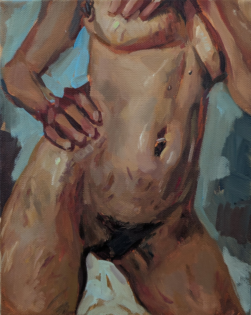 A painting of a woman's torso with hand on hip and breast, with stretch marks and scars on her skin