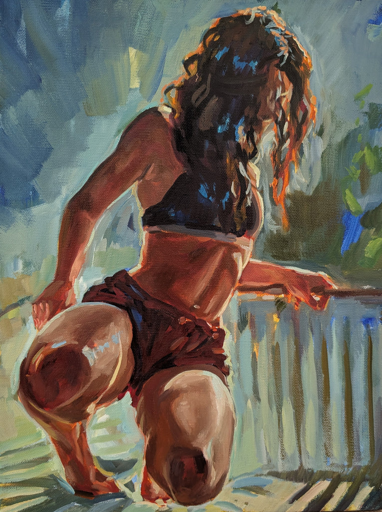 Painting of a young person crouching on a railing with a blurred background