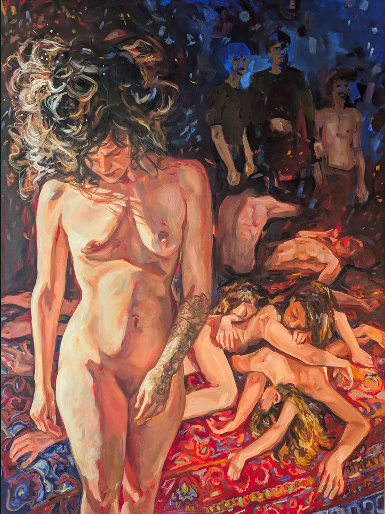 Nude figure with tattoos in a surreal setting with other figures and abstract elements.
woman female form feminism invisible labour midlife perimenopause oil painting art about women oil painting figurative nude family motherhood menopause power light body image acceptance radical
