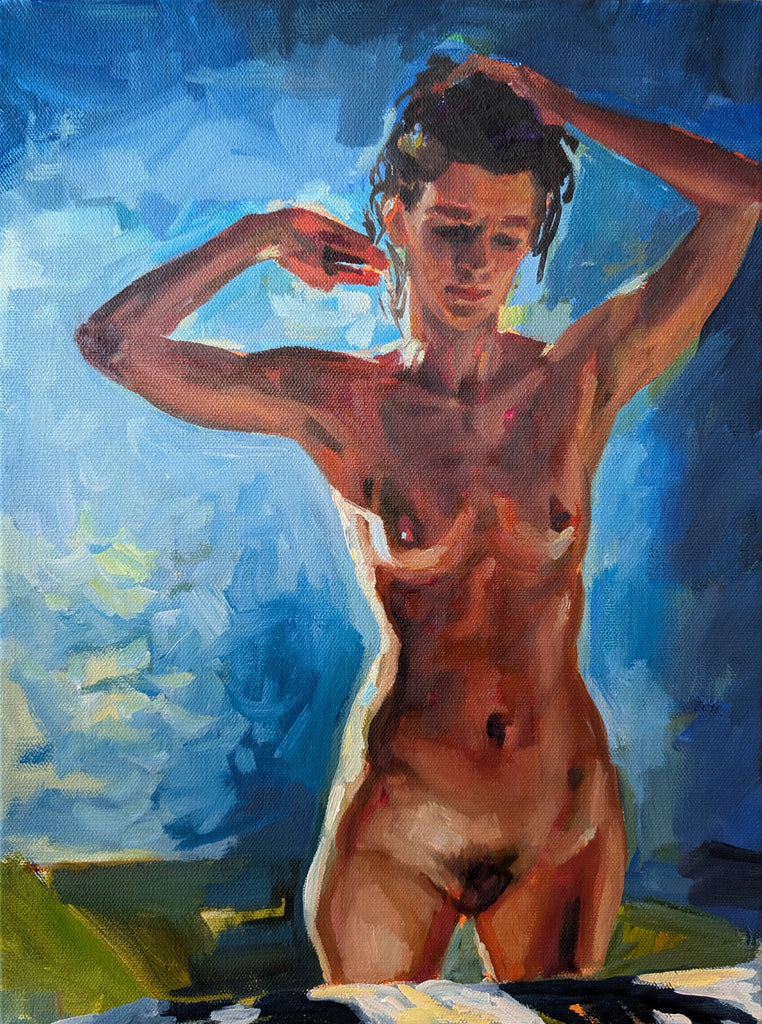 Painting of a nude figure against a blue sky