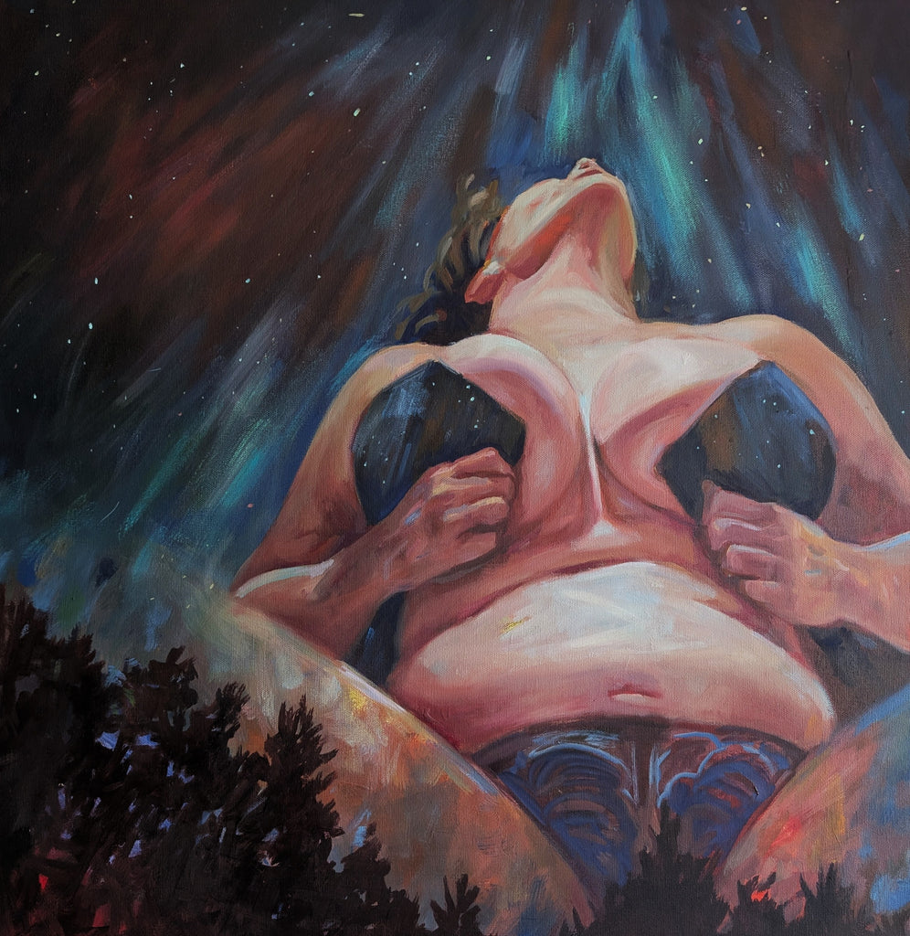 Oil painting artistic depiction figure looking up to starry sky with northern lights and a forest silhouetted 