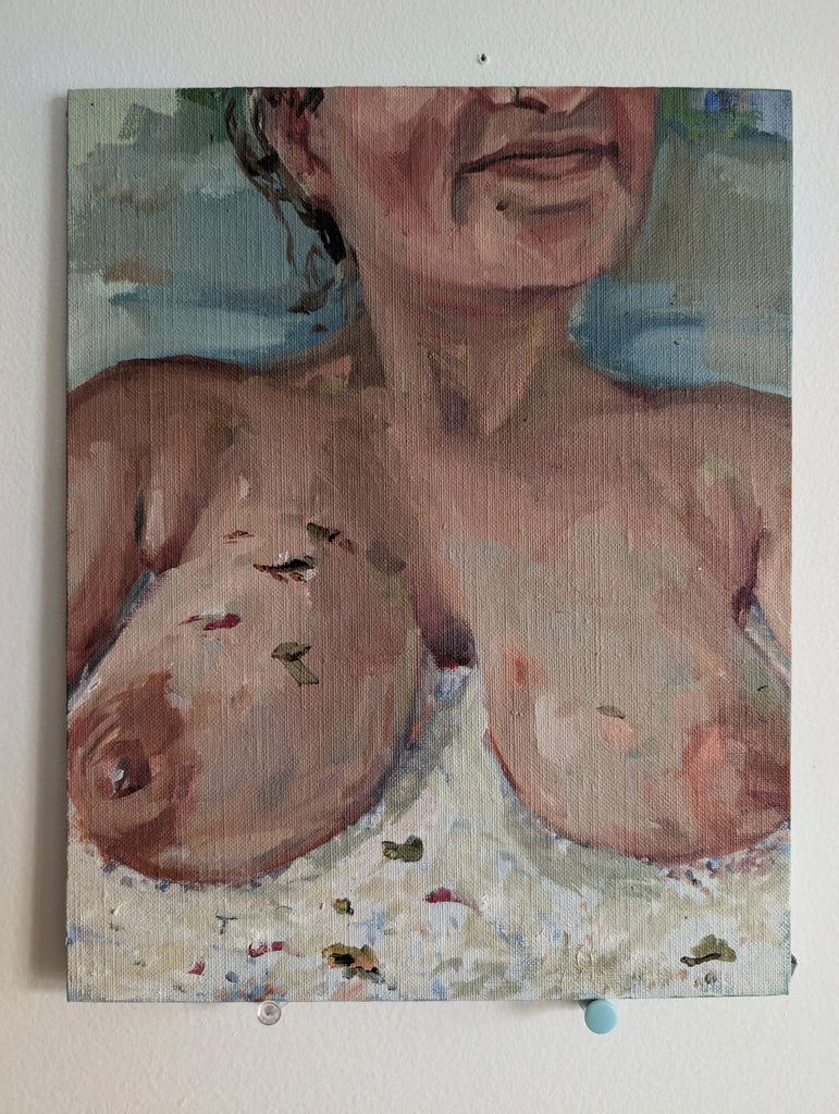 bath ritual woman bathing breasts emerging from bubbles half portrait oil painting 
