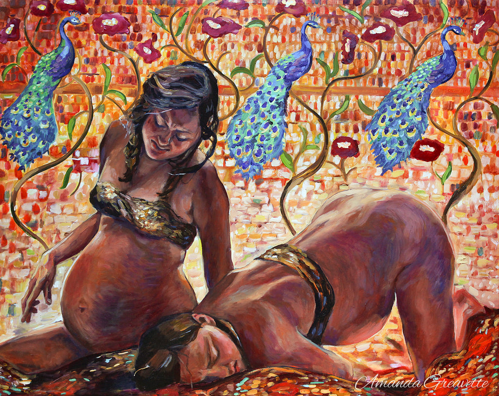 Art print featuring two pregnant figures in a labor position, with a vibrant background of peacocks and flowers, symbolizing the theme of birth and labor.