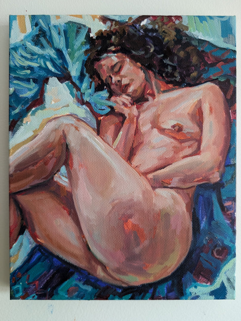 This image features a small, original oil painting titled "Danae - cerulean" which is part of a series exploring themes of body, self-image, aging, and womanhood. The artwork, measuring 8 x 10 inches, depicts a nude female figure, portrayed in a soft and realistic style.