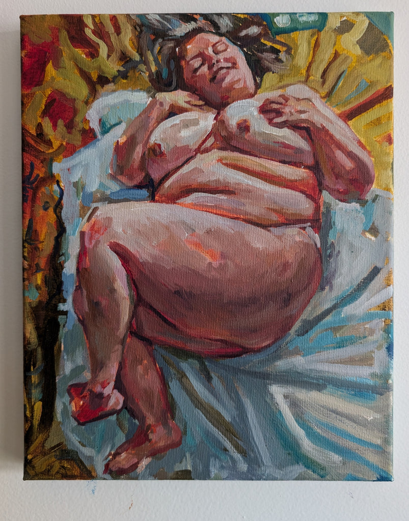 This image features a small, original oil painting titled "Danae - Gold," which is part of a series exploring themes of body, self-image, aging, and womanhood. The artwork, measuring 8 x 10 inches, depicts a nude female figure who is portrayed in a relaxed, contemplative pose.