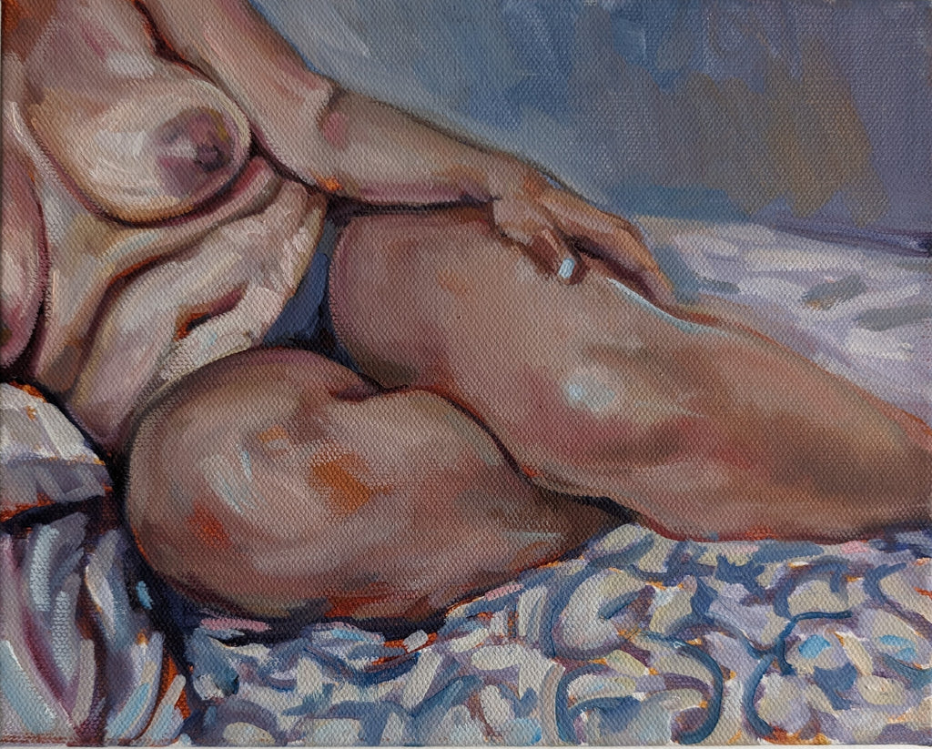 Oil painting of a nude figure lying on a patterned surface. 'Rebirth' is a series exploring themes of body, self-image, aging, and womanhood.