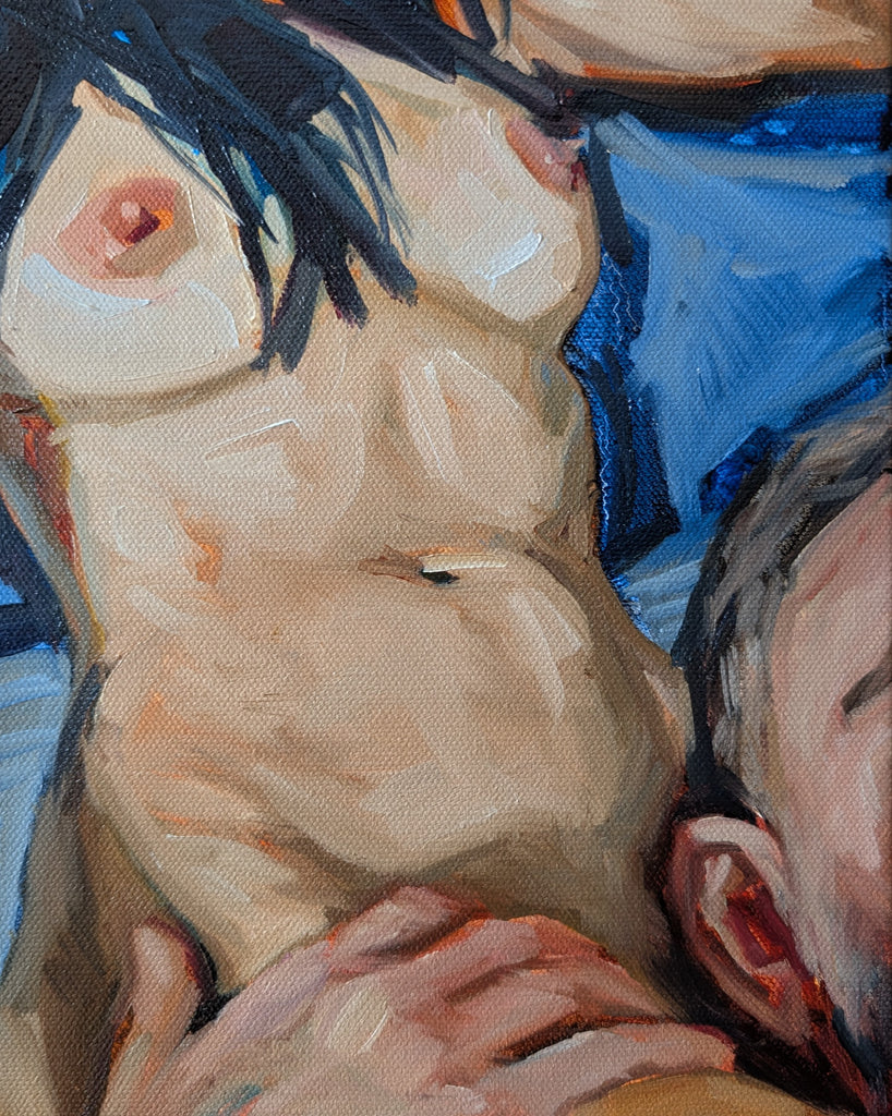 Figurative oil painting of a woman's torso with a man's head and hand resting on her