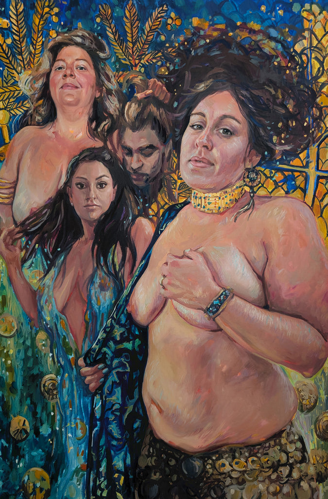 Artistic depiction of three nude figures with a colorful, nature-themed background, Klimt reference, feminism, strong women