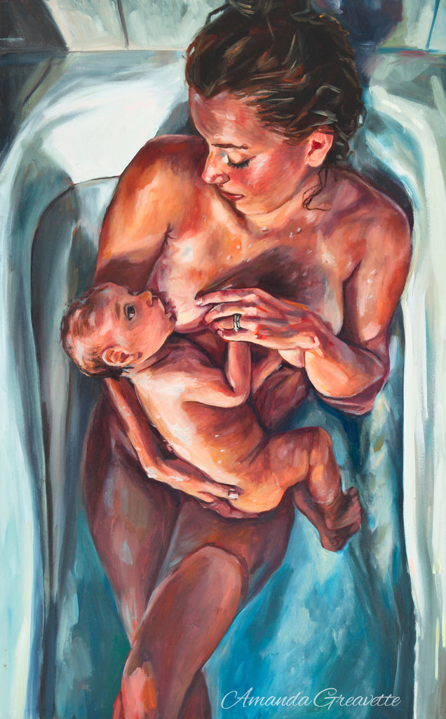 A painting of a mother breastfeeding her baby in a bathtub, with a focus on the natural and intimate moment.