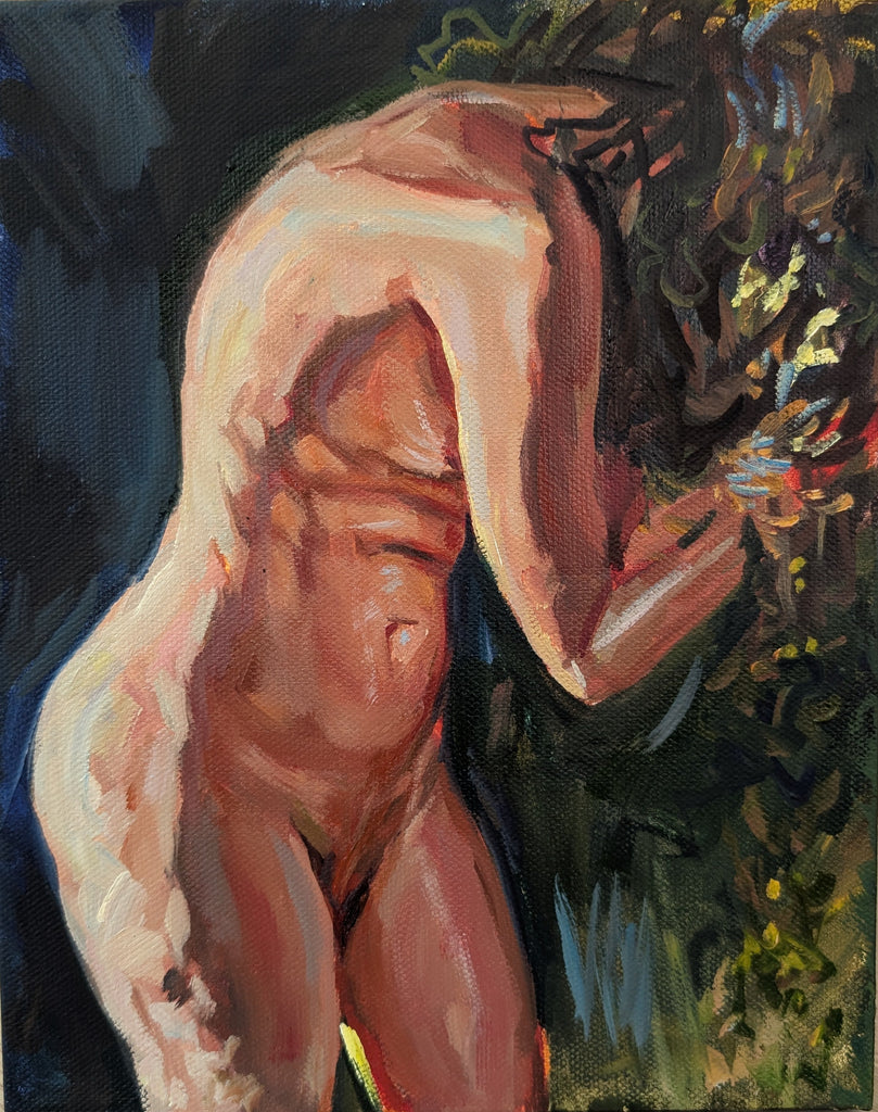 a figure bends and hunches with hair flowing over her hands and obscures her face, sunlight hits and illuminates her back