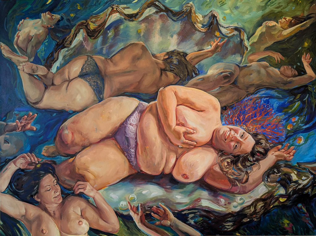 Artistic depiction of nude figures in a fantasy setting with vibrant colors with underwater themes.