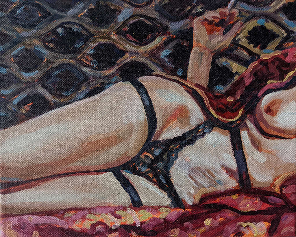 Women's figure in lingerie or lounge clothes resting on a patterned surface