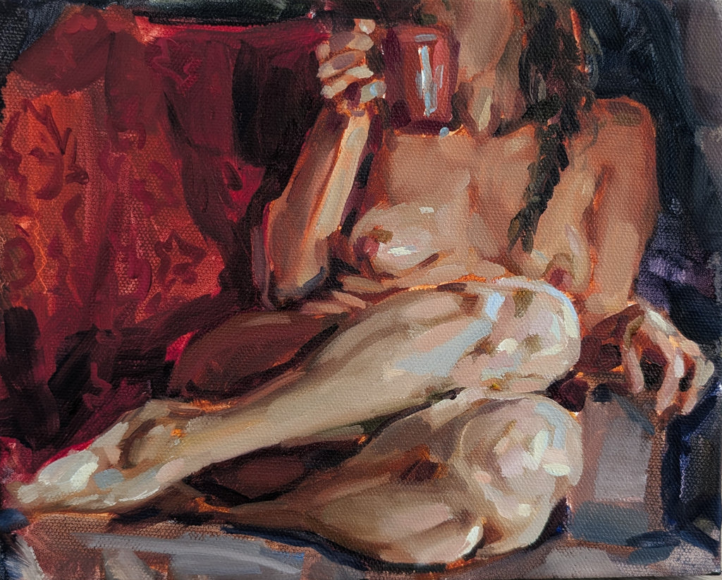 Nude figure sitting on a red couch holding a red cup, painted style
perimenopause women figure painting art