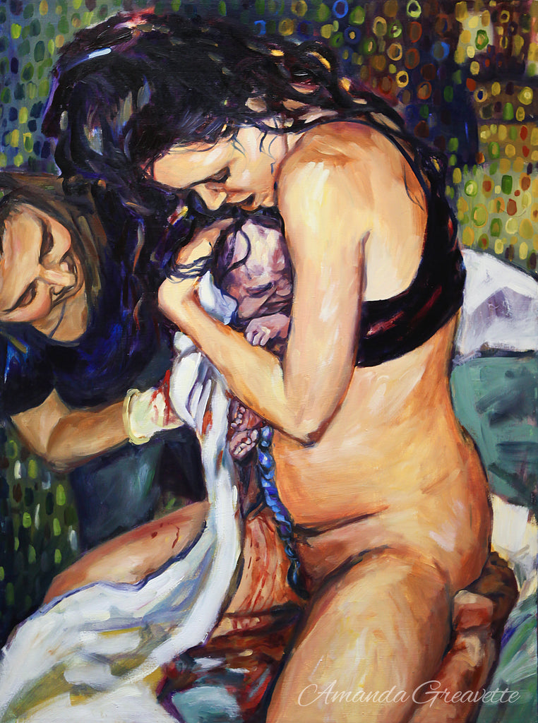A painting depicting a mother holding her newborn baby moments after birth, capturing the emotional and physical act of birth with artistic expression. A midwife is present and the mother has delivered naturally. The umbilical cord is attached.