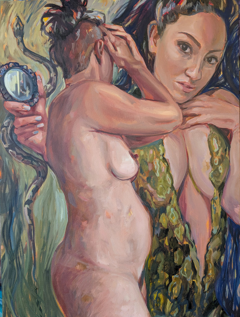 Rebirth a figure painting with two nude figures women with mirror and snake shame exploration truth aging perimenopause self identity body image