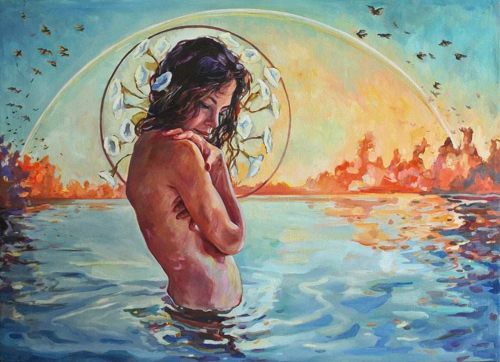 An original oil painting depicting a woman wading in water with a serene sunset and birds in the background, stretched on a deep wooden stretcher.