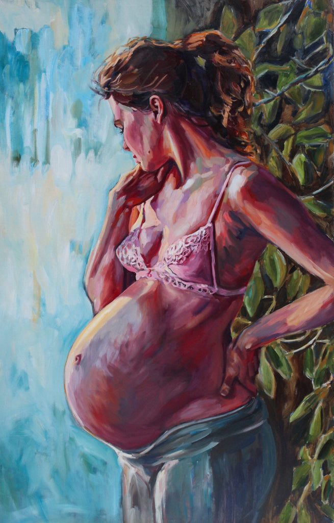 A painting of a pregnant figure with a pink bra gazing away. Pregnancy birth art oil painting mother print