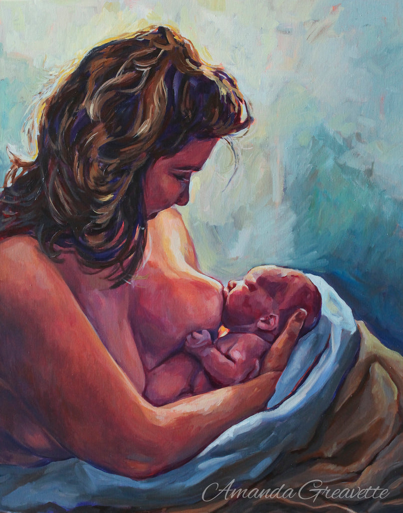A mother breastfeeds her newborn infant, she looks at the child with love and holds them in a cross cradle nursing position. She is nude and upright and they are wrapped in blankets. 