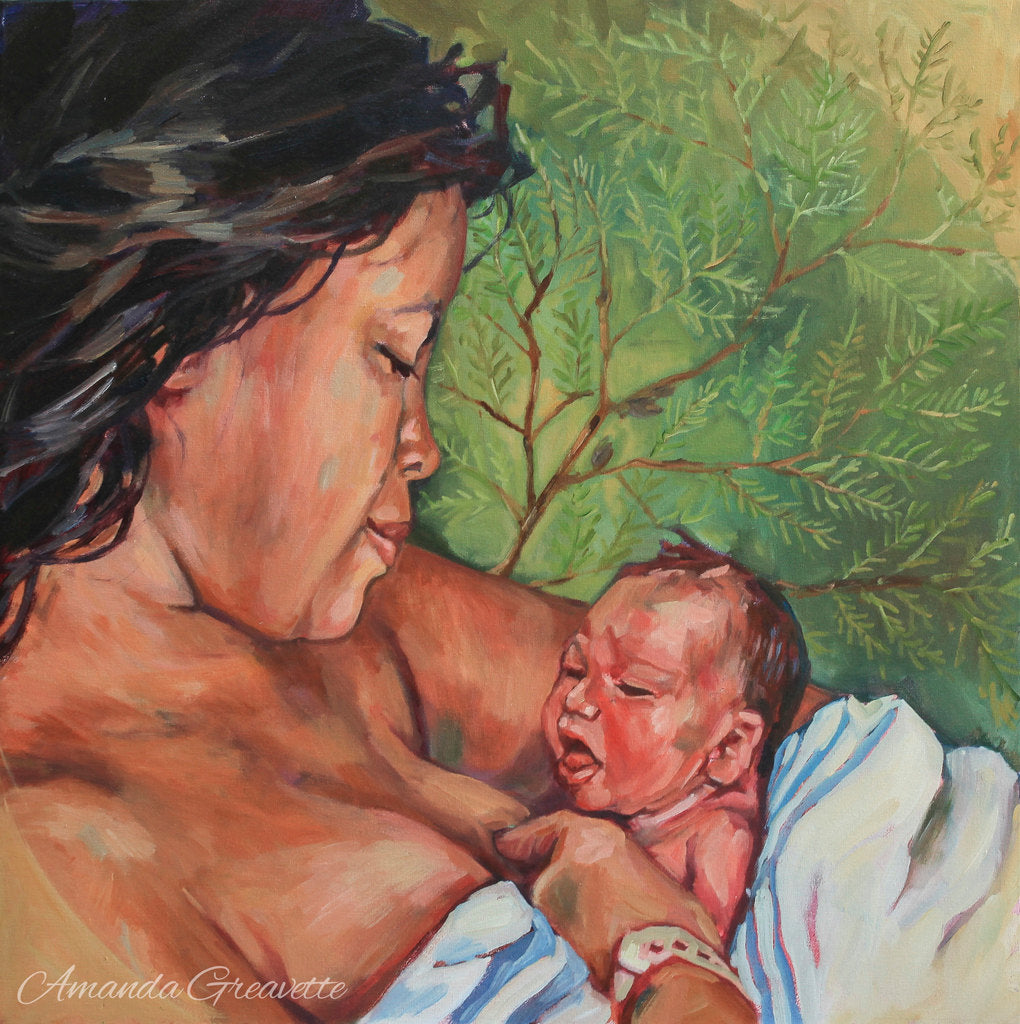 Birth Art Print - Sacred Heritage - Mom and Baby Green Cedar