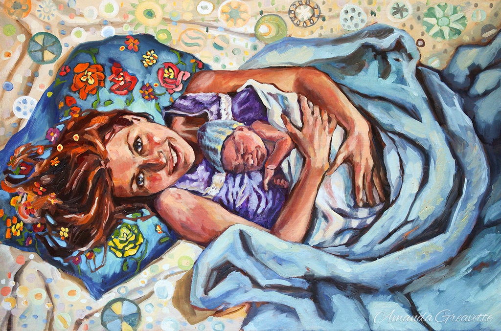 Birth Art Print - Like a gull takes to the wind - smiling girl and baby birth