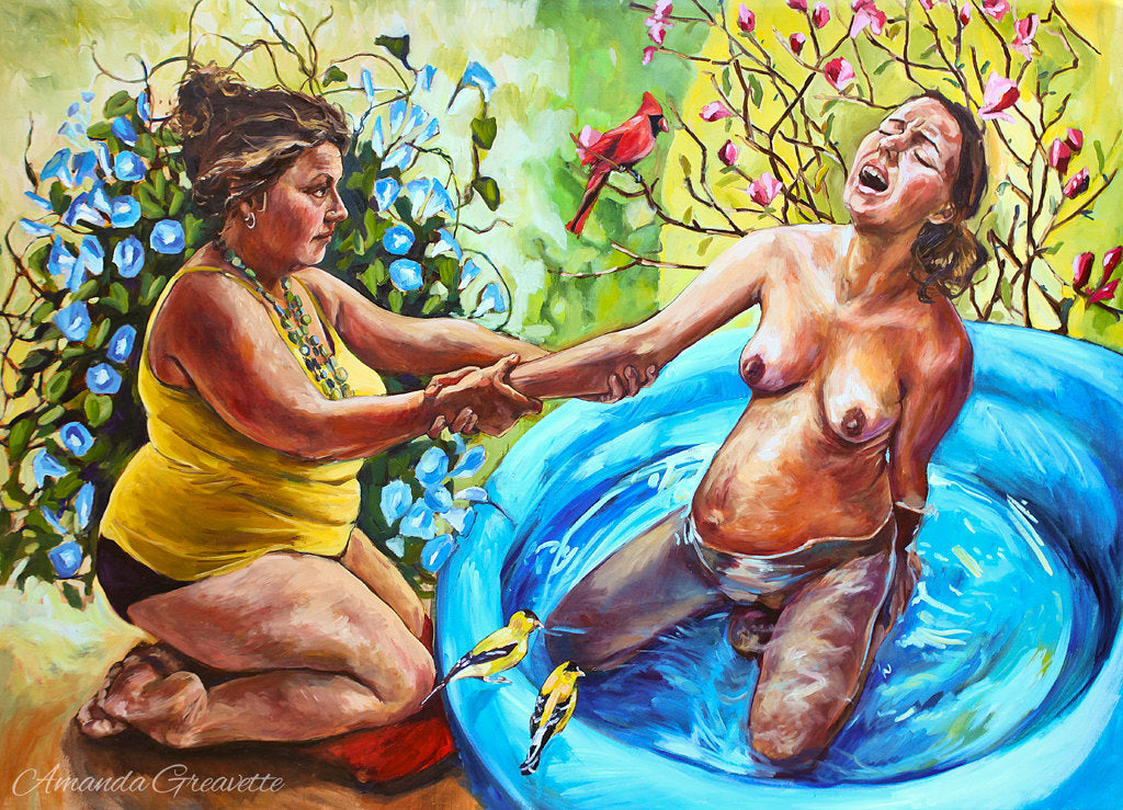 Original Oil Painting - Three Little Birds - Water Birth doula midwife